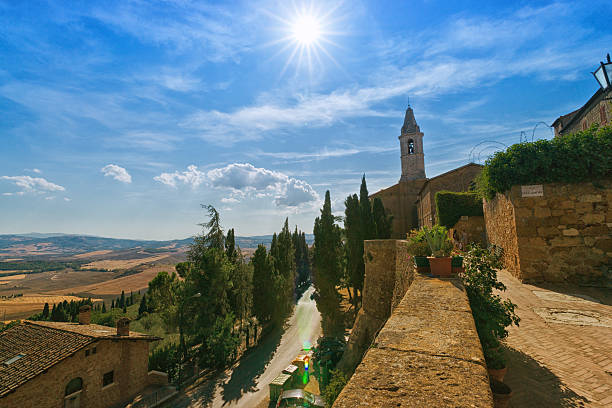 View from the City Wall of Pienza, on the summerly dry Tuscany- Landscape and Mountains. (Some Lens Flares in the lower Part)