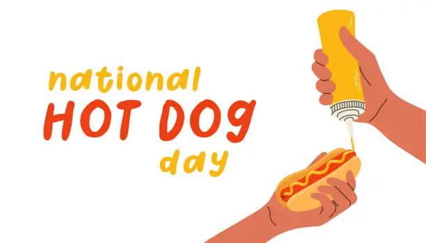 Vector illustration of National hot dog day vector banner with hand holding hot dog. Hot dog isolated on white. Vector illustration