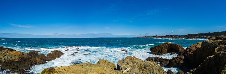 A panoramic view of the rocky coastline on the Pacific ocean near Fort Bragg.