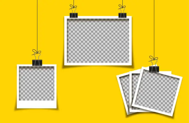 Vector illustration of Empty photo picture frames with binder clips hanging rope