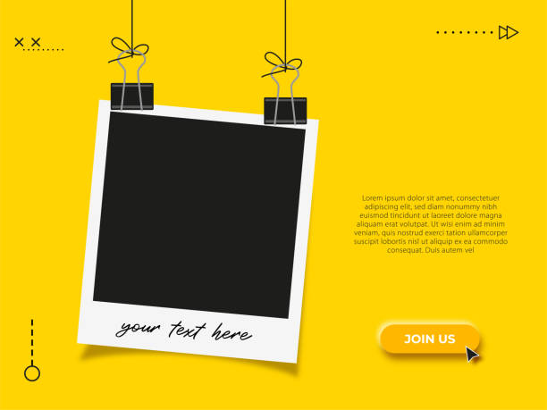 Photo frame with binder clips. Digital marketing agency and corporate social media post template Empty photo picture frame with binder clips hanging rope. Photo frame. Digital marketing agency and corporate social media post template camera covers pictures stock illustrations