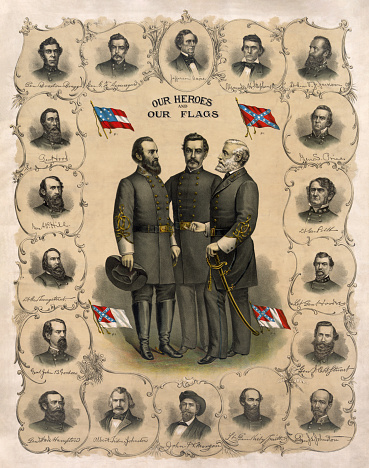 Illustration of famous politicians of the Dixies with the four versions of the flag of the Confederate States of America created in 1896