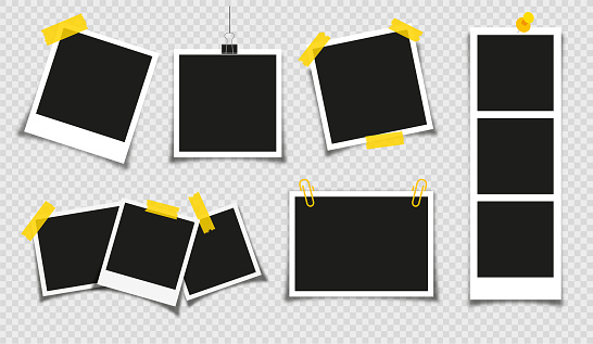 Photo frame collection with blank place with sticky tape, paper clip, binder clip on transparent background