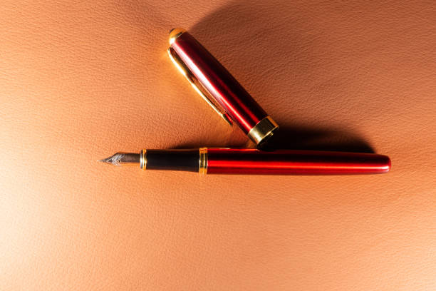 istock Fountain pen, beautiful fountain pen on leather surface, top view. 1508904021