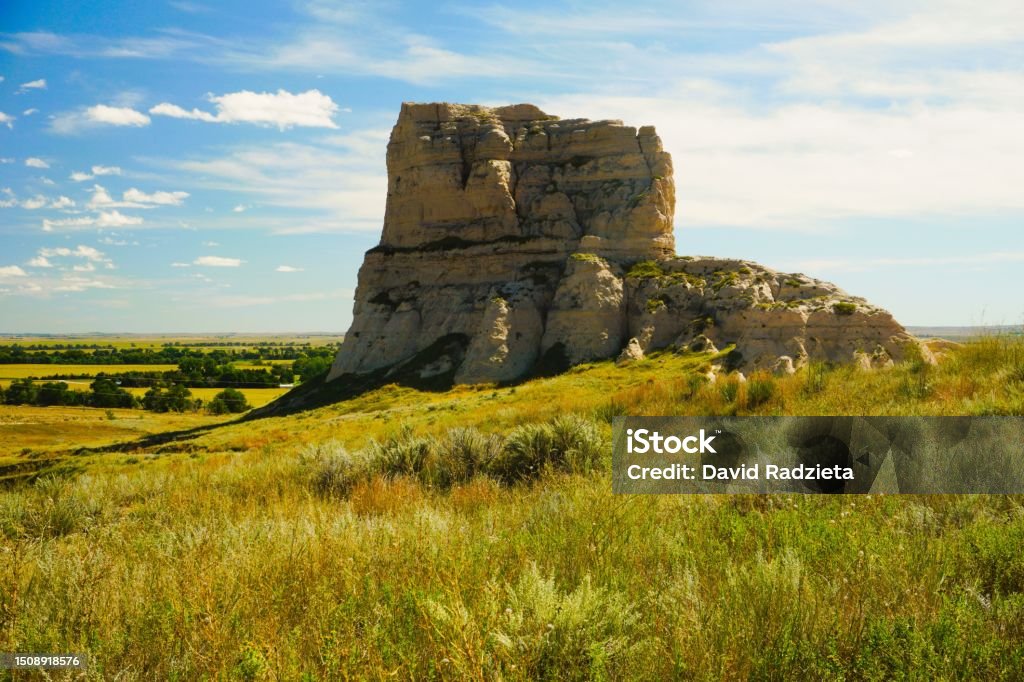 Scotts Bluff National Mobnument Scotts Bluff National Monument.  Beautiful Butte sitting in the middle of the North American Grasslands and Prairie. Chamber of Commerce Stock Photo