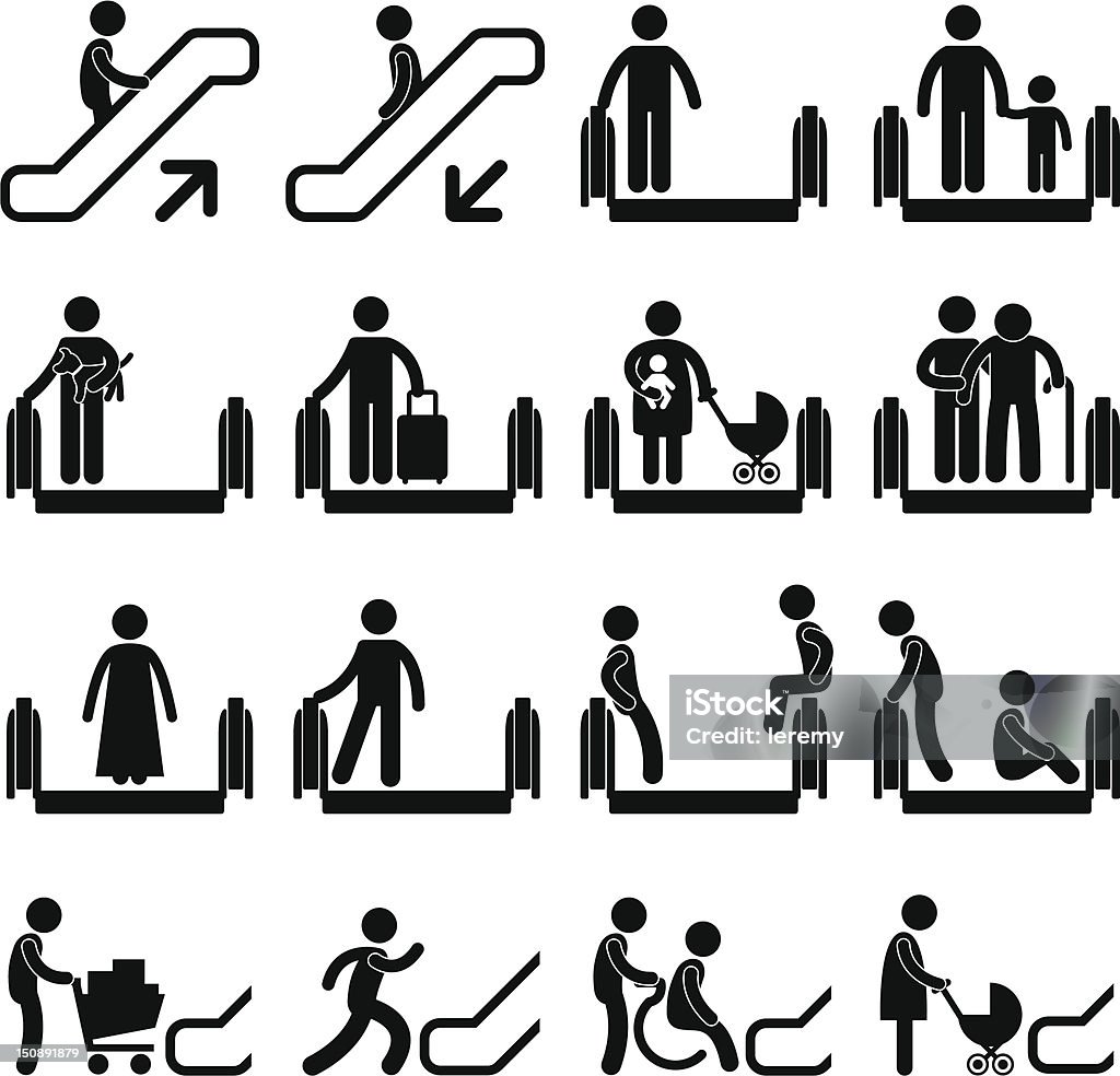 Do and Don't Escalator Safety Guideline Sign A set of pictograms representing the do and don't safety guideline when using the escalator. Escalator stock vector