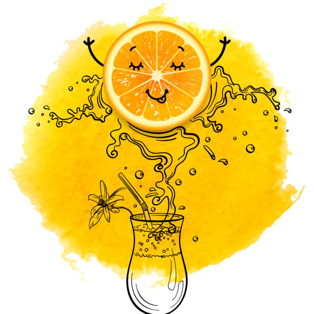 ilustrações, clipart, desenhos animados e ícones de laranja engraçada com um toque de suco sobre um copo de coquetel - orange portion fruit drink