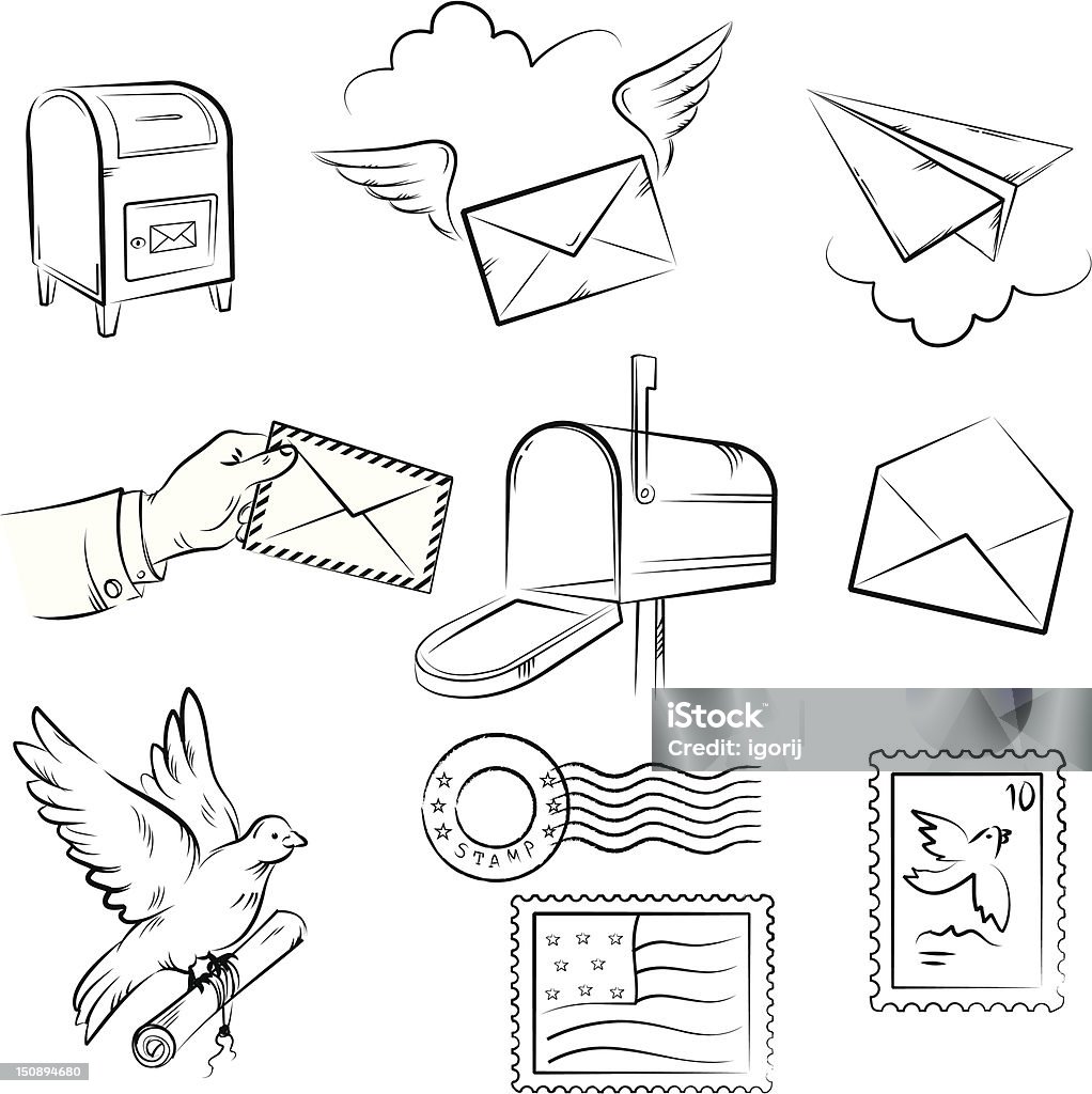 Conjunto de vetores de rascunhos de correio e correio entrega temático - Vetor de Caixa de entrada de e-mail royalty-free