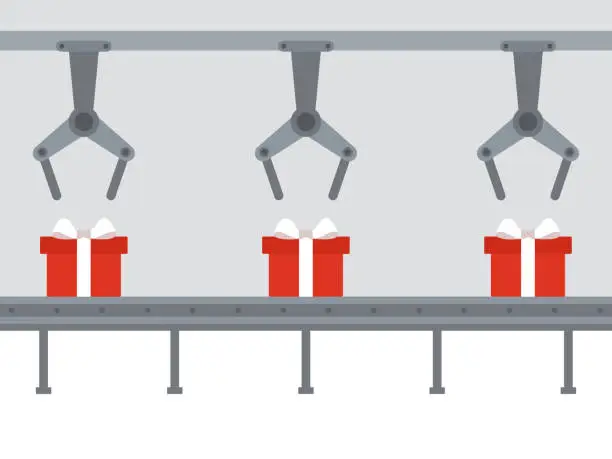 Vector illustration of Conveyor Belt With Gift Boxes And Robot Arms