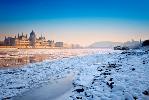 Hungarian Parliament with Icy Danube River, Budapest, Hungary