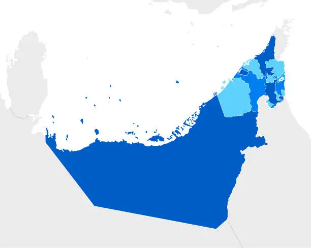 Vector illustration of High detailed United Arab Emirates Blue map with Regions and national borders of Qatar, Oman, Saudi Arabia, Bahrain, Iran