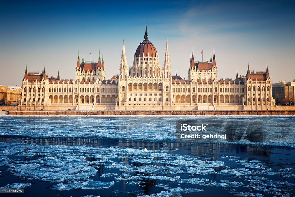 Hungarian parliament Hungarian Parliament with Icy Danube River, Budapest, Hungary Budapest Stock Photo