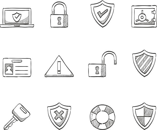 illustrazioni stock, clip art, cartoni animati e icone di tendenza di schizzo icone di sicurezza internet - sicurezza sul posto di lavoro illustrazioni