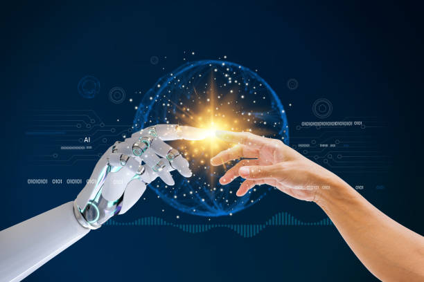 istock Artificial intelligence AI robot finger making contact with human hand 1509016910