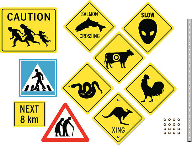 Unusual Crossing Signs Vector renderings of actual signs that exist in the world (some altered). Comes with a realistic steel post, some bolts, and a blended shadow for your sign posting pleasure. AICS2 file included crazy chicken stock illustrations