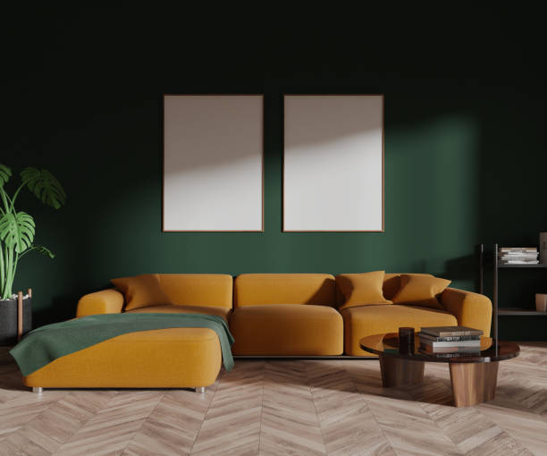 istock Dark chill room interior couch and shelf with art decoration, mockup frames 1509018190