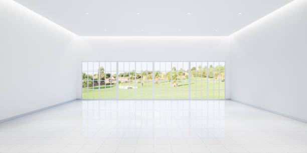 representación 3d del piso de baldosas blancas y la habitación vacía para el fondo. - wall plasterboard vehicle interior indoors fotografías e imágenes de stock