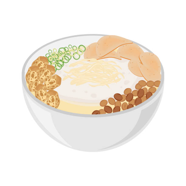 Chicken porridge Or Bubur Ayam in a bowl Vector Illustration of Chicken Congee Or Bubur Ayam in a White Bowl shredded chicken stock illustrations