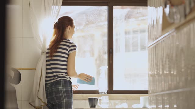 A young woman housewife doing cleaning - wiping the windows in the kitchen