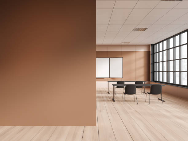 istock Beige school classroom interior with mock up wall 1509025916