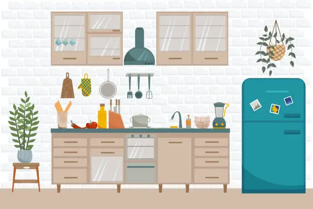 Vector illustration of Vector flat interior of kitchen. Furnitures such as stove, cupboard, dishes and fridge in modern style.