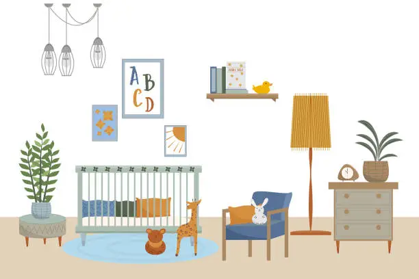 Vector illustration of Vector interior of nursery. Flat illustration, furnitures in scandinavian style.