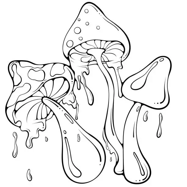 Vector illustration of Groovy hippie mushrooms with drops composition line art