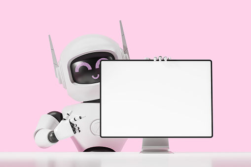 White and black artificial intelligence robot pointing at mock up computer screen over pink background. Concept of machine learning and robot research. 3d rendering