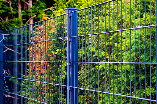 Close up of blue metal fence with bushes in the back ground in Germany.