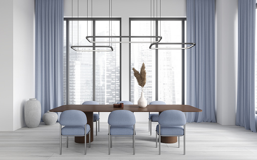 Interior of stylish dining room with white walls, wooden floor, long dining table with blue chairs and windows with blue curtains. 3d rendering