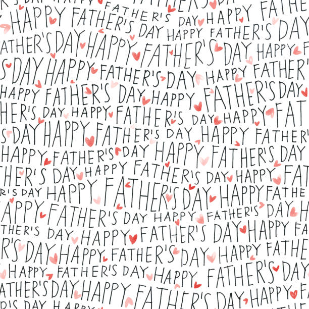 Seamless pattern background with text Happy Fathers Day - handwritten capital letters made by black pen on white paper background - illustration in vector with little uneven watercolor heart shapes between text Happy Father's Day - capital letters written by black pen on white paper background. Watercolor painted uneven little hearts scattered between letters. SEAMLESS PATTERN - duplicate it vertically and horizontally to get unlimited area. VECTOR FILE - enlarge without lost the quality! Perfect card design background. Enjoy creating! family word art stock illustrations