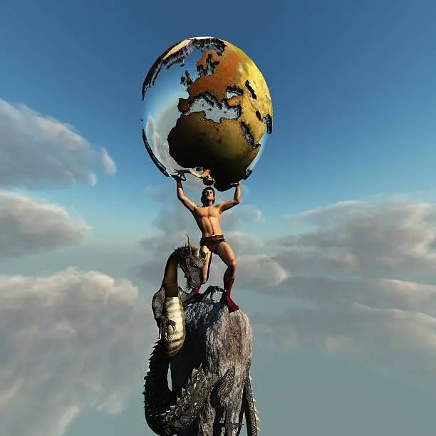 Atlas holds the Earth. The dragon represents the unrest in this part of the world.