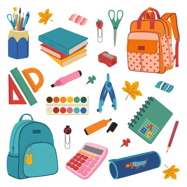 Vector illustration of Set of school supplies. Backpacks, textbooks, calculator, pencil case, paints, pencils, markers, notebook, clip.