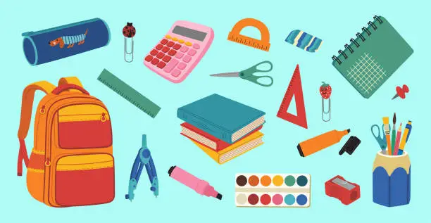 Vector illustration of Set of school supplies. Backpack, textbooks, calculator, pencil case, paints, pencil, markers, notebook, clip.
