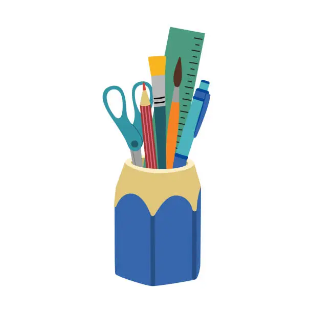 Vector illustration of Desktop stand with pencil, pen, scissors, ruler, paintbrushes.