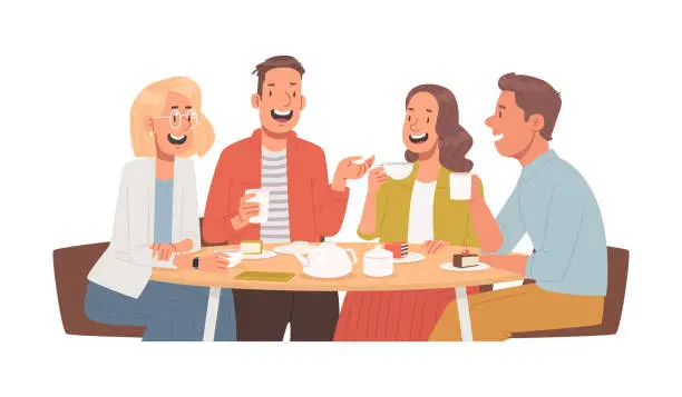 Vector illustration of Happy friends sit in a cafe or at home, at the table, eat, drink and communicate. Meeting colleagues or buddies