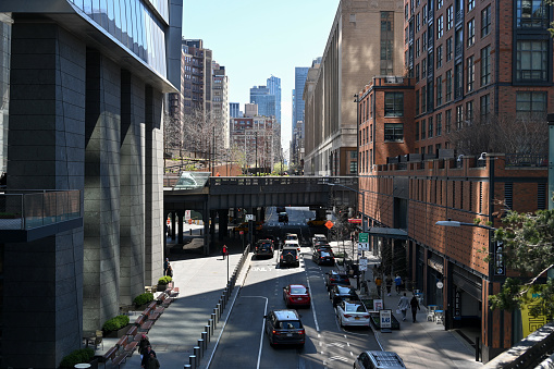 New York, USA, April 9, 2023 - view of a High Line Park bridge over W 30th St.