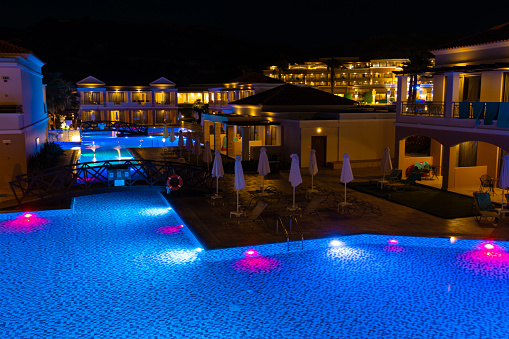 La Marquise Luxury Resort Complex, Rhodes, Greece, June 8, 2023; view of the pool and hotel at night, in Rhodes, Greece