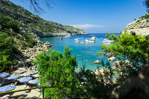 Anthony Quinn Bay, Rhodes, Greece, June 11, 2023; Panoramic view of the beautiful secluded bay and beach at Anthony Quinn Bay on the island of Rhodes, Greece