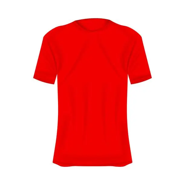 Vector illustration of T-shirt mockup in red colors. Mockup of realistic shirt with short sleeves. Blank t-shirt template with empty space for design