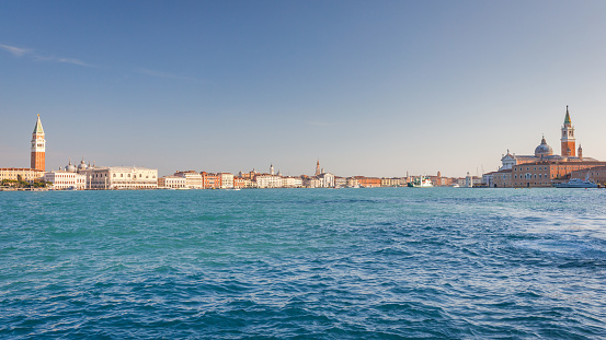 The Venice with St. Mark's Campanile and San Giorgio Maggiore island, view of San Marco basin, Italy, Europe.
