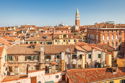 The Venice, top view of historic city centre with St. Mark's Campanile, Italy, Europe.
