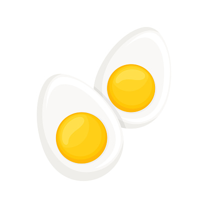 Two halves of hard boiled egg. Cooked egg isolated on white background , Quail or chicken egg. Flat cartoon design