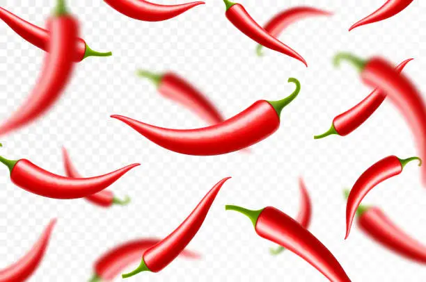 Vector illustration of Flying or falling chili pepper isolated on transparent background. selective focus. Can be used for advertising, packaging, banner, poster, print. Realistic 3d vector design