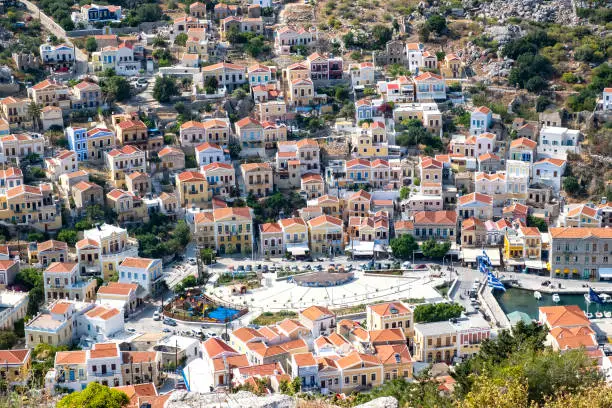Photo of View of Symi with Its Colorful Houses, Roads and Harbor From Old Castle Above