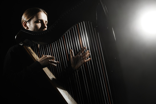 Harp player. Classical musician Irish harpist playing music instrument