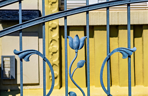 Close up of wrought iron fence with flower design on it in Germany.