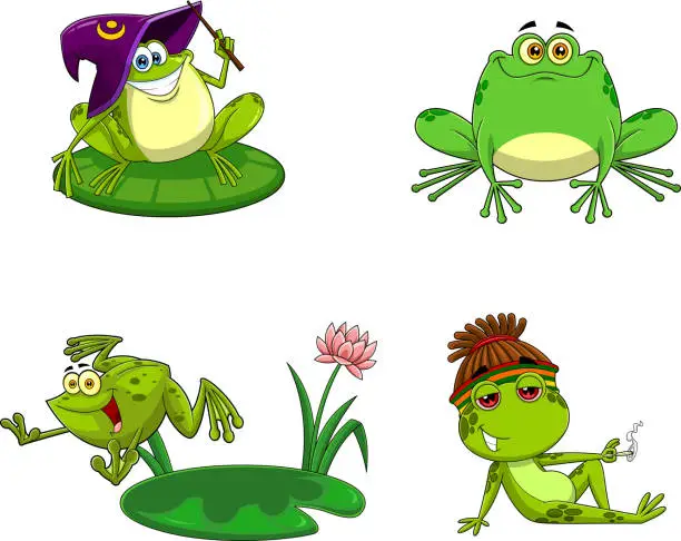 Vector illustration of Green Frog Cartoon Characters. Vector Hand Drawn Collection Set