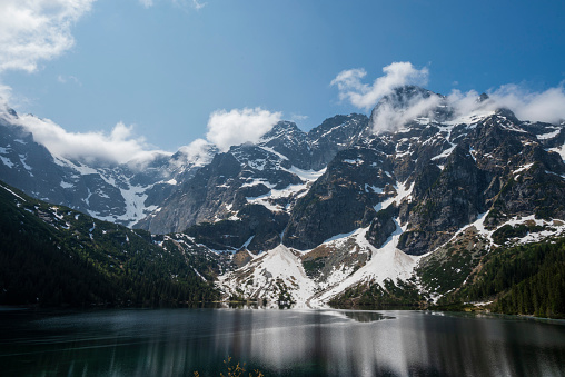 beautiful landscape view of Lake Morskie Oko in the mountains with clear water and reflection in Zakopane Poland in the Tatra National Park