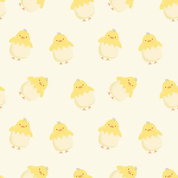 Vector illustration of Cute little chicken coming out of egg. seamless pattern